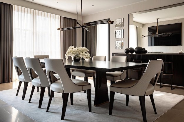 Premium Photo | Art Deco Dining Table With Sleek Modern Chairs