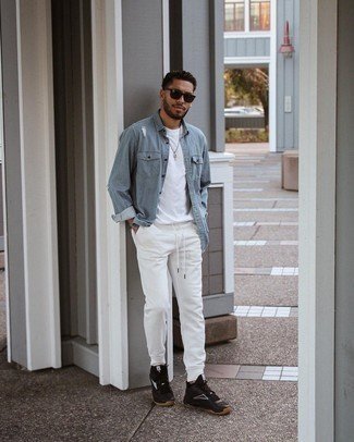 Sweatpants With Denim Shirt Summer Outfits For Men In Their 30S (6 Ideas &  Outfits) | Lookastic