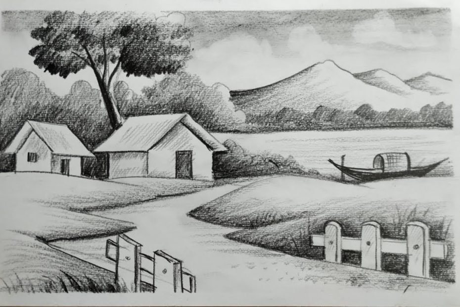 How To Draw Easy Pencil Sketch Scenery,Landscape Pahar And River Side Scenery  Drawing For Beginners, - Youtube