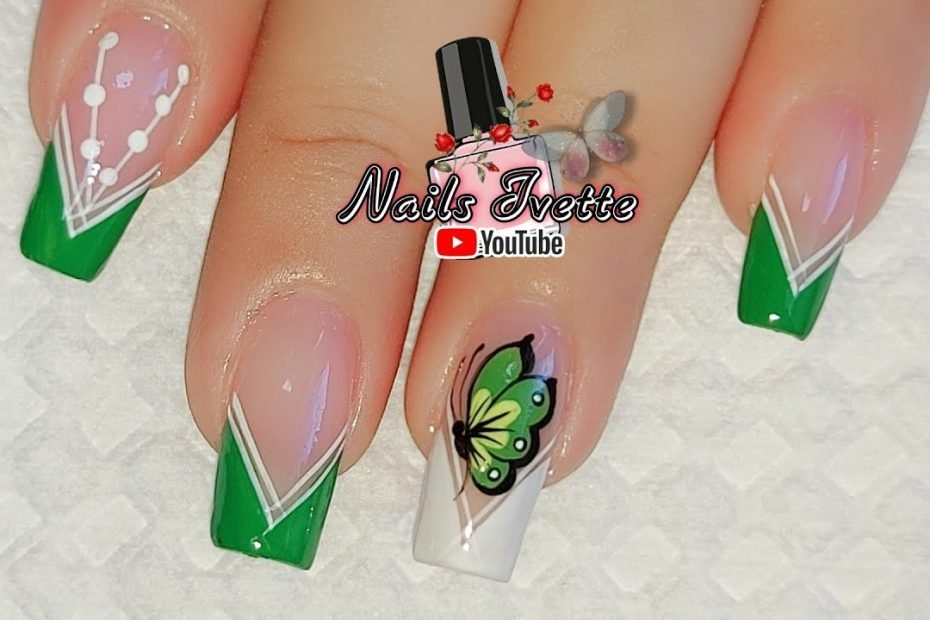 Uñas Decoradas Verde Y Blanco / Diseño De Uñas French Blanco Y Verde /  Decoración De Uñas Mariposa - Youtube