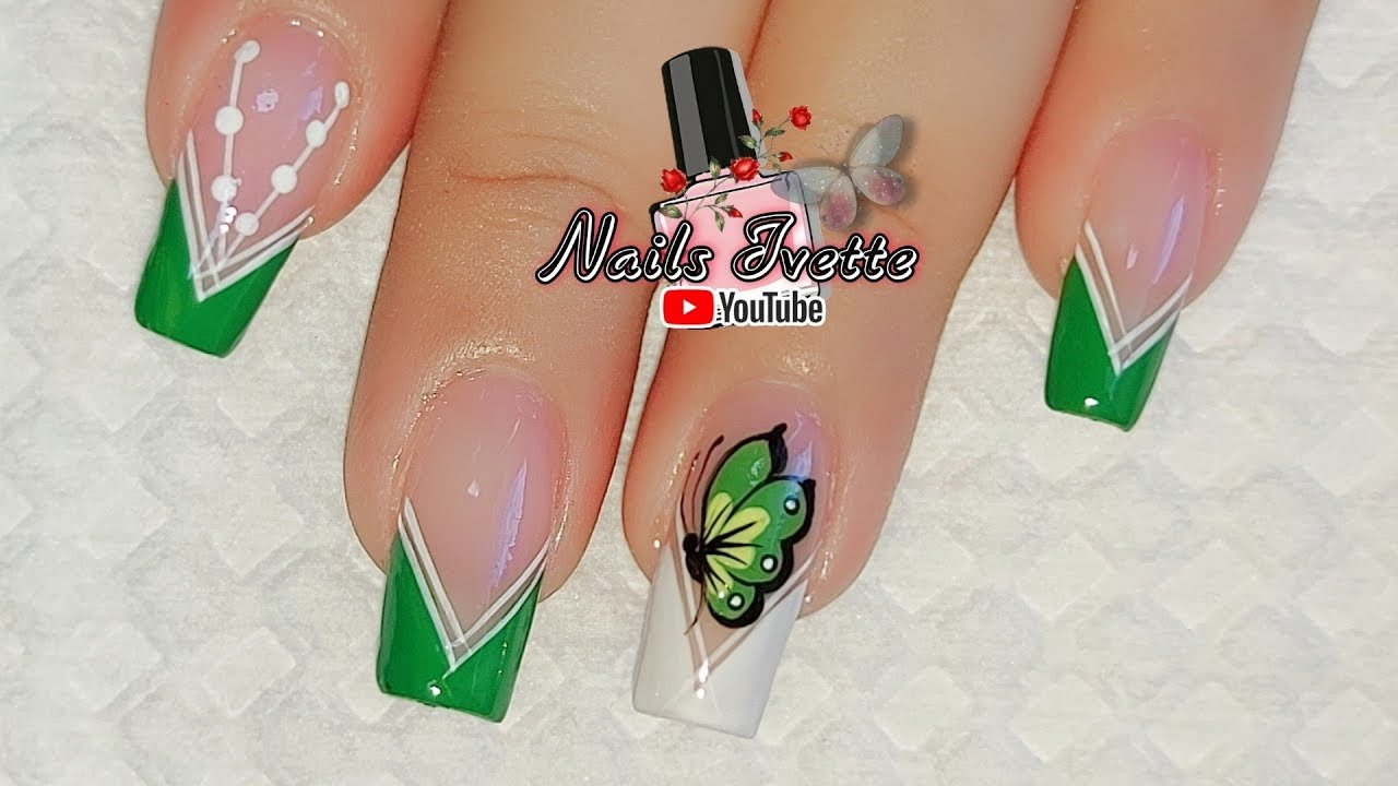 Uñas Decoradas Verde Y Blanco / Diseño De Uñas French Blanco Y Verde /  Decoración De Uñas Mariposa - Youtube